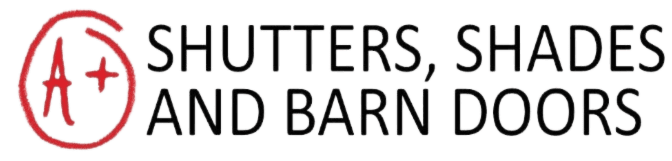 A logo with a red circle containing an 'A+' symbol to the left of the text "Shutters, Shades and Barn Doors Tarrant County" written in white uppercase letters.