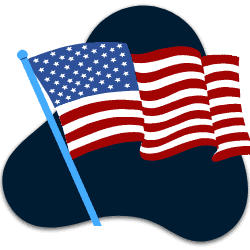 Illustration of a waving American flag with 50 white stars on a blue field in the top left corner and 13 red and white stripes. The flag's pole, depicted as a light blue line against a dark, abstract background shape, adds elegance like plantation shutters in Tarrant County homes.