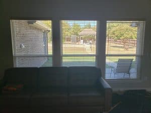 A living room with a dark sofa is in the foreground, backlit by sunlight filtering through the blinds of three large windows. The view outside reveals a patio with a pergola, trees, and a lawn in a serene backyard setting.