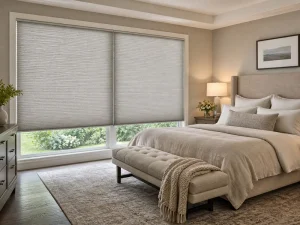 A modern bedroom with a large window covered by gray blinds, a beige upholstered bed with pillows and a throw blanket, a bench at the foot of the bed, a nightstand with a lamp, and neutral-colored decor.