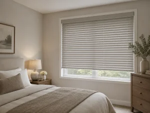 Cozy bedroom with neutral decor features a bed, nightstand, dresser, and large window with closed blinds.