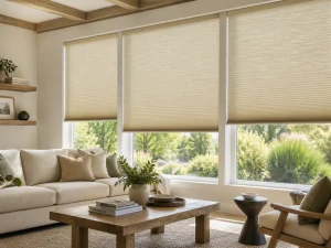 A bright living room with large windows covered by beige honeycomb shades, a cream sectional sofa, wooden coffee table with plants, and minimal decor. Sunlight filters through, highlighting the cozy, modern space.
